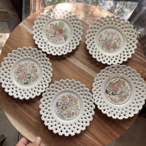 Vintage Asahi Sato Gordon Collection Peacocks Flowers Lattice Edge Plate Japan 5